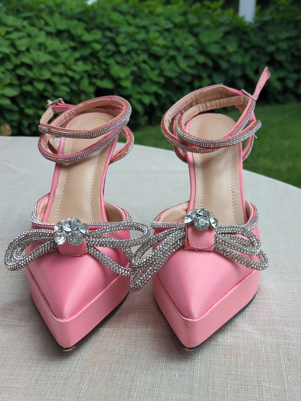 Pink Satin Pointed Toe Heels with Crystal Bow